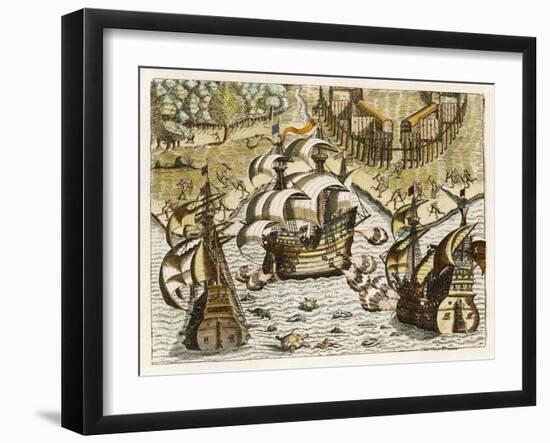 Spanish Galleons Attempt to Ward off Rivals for the New World-Theodor de Bry-Framed Art Print