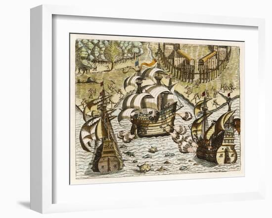 Spanish Galleons Attempt to Ward off Rivals for the New World-Theodor de Bry-Framed Art Print