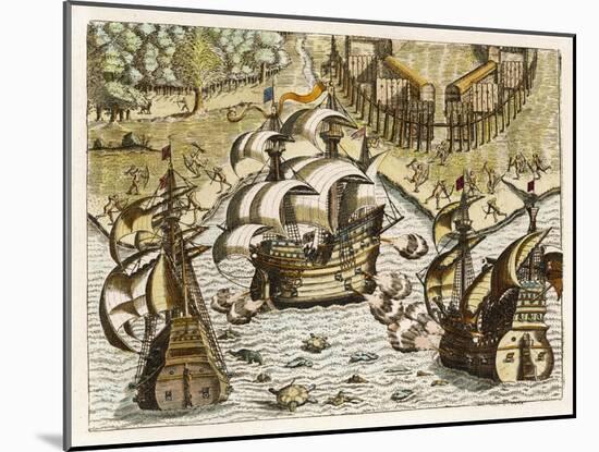 Spanish Galleons Attempt to Ward off Rivals for the New World-Theodor de Bry-Mounted Art Print
