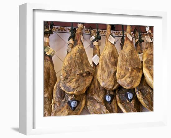 Spanish Hams Hanging in a Restaurant Bodega, Seville, Andalusia, Spain, Europe-Guy Thouvenin-Framed Photographic Print