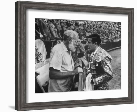 Spanish Matador Antonio Ordonez with Friend, Author Ernest Hemingway in Arena Before Bullfight-Loomis Dean-Framed Premium Photographic Print