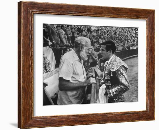 Spanish Matador Antonio Ordonez with Friend, Author Ernest Hemingway in Arena Before Bullfight-Loomis Dean-Framed Premium Photographic Print