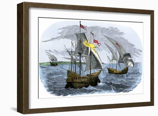 Spanish Ships of Hernando Cortes Sailing to Mexico, c.1519-null-Framed Giclee Print