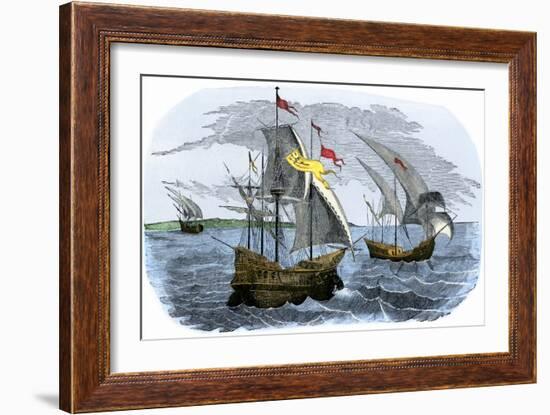 Spanish Ships of Hernando Cortes Sailing to Mexico, c.1519-null-Framed Giclee Print