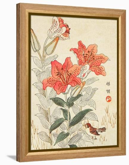 Sparrow and Tiger Lilies-Bairei Kono-Framed Premier Image Canvas