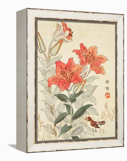 Sparrow and Tiger Lilies-Bairei Kono-Framed Premier Image Canvas