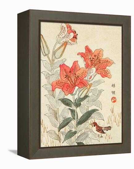 Sparrow and Tiger Lilies-Bairei Kono-Framed Premier Image Canvas