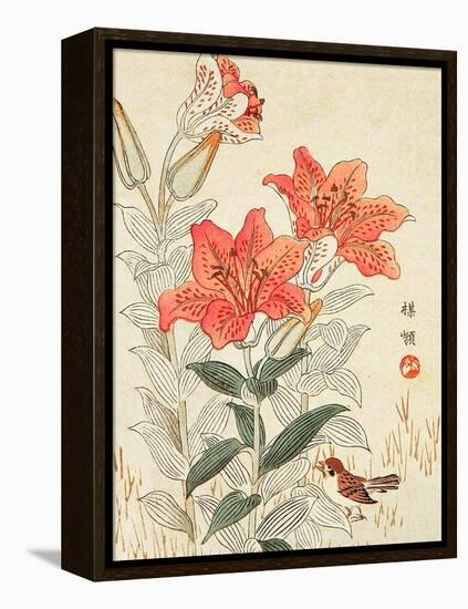 Sparrow and Tiger Lilies-Bairei Kono-Framed Premier Image Canvas