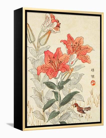 Sparrow and Tiger Lilies-Bairei Kono-Framed Premier Image Canvas