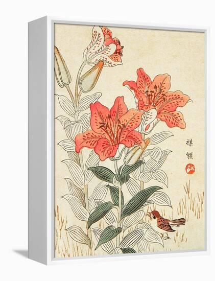 Sparrow and Tiger Lilies-Bairei Kono-Framed Premier Image Canvas