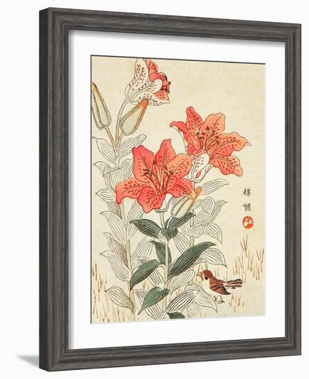 Sparrow and Tiger Lilies-Bairei Kono-Framed Giclee Print