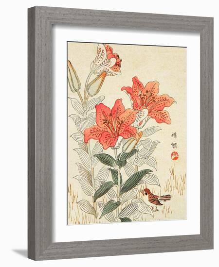 Sparrow and Tiger Lilies-Bairei Kono-Framed Giclee Print