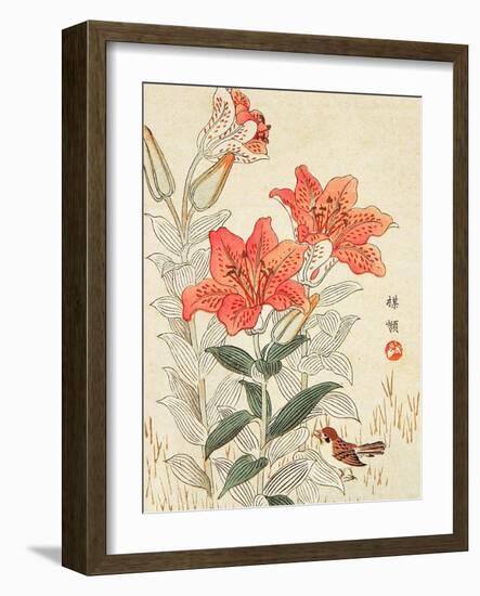 Sparrow and Tiger Lilies-Bairei Kono-Framed Giclee Print