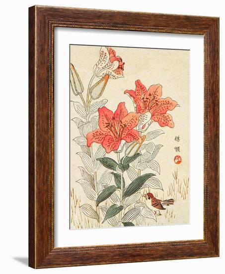 Sparrow and Tiger Lilies-Bairei Kono-Framed Giclee Print