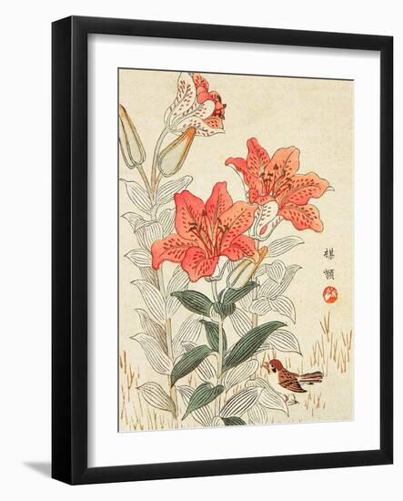 Sparrow and Tiger Lilies-Bairei Kono-Framed Giclee Print