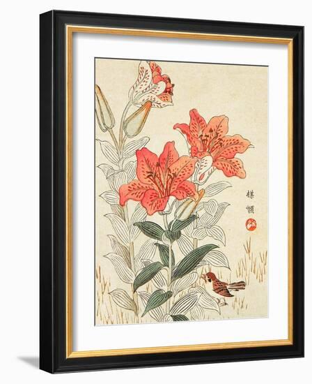 Sparrow and Tiger Lilies-Bairei Kono-Framed Giclee Print