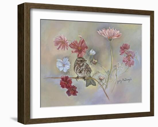 Sparrow in Cosmos Flowers-Judy Mastrangelo-Framed Giclee Print