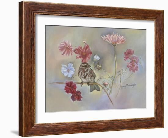 Sparrow in Cosmos Flowers-Judy Mastrangelo-Framed Giclee Print