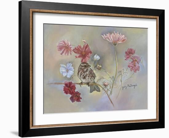 Sparrow in Cosmos Flowers-Judy Mastrangelo-Framed Giclee Print