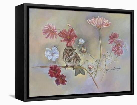 Sparrow in Cosmos Flowers-Judy Mastrangelo-Framed Premier Image Canvas