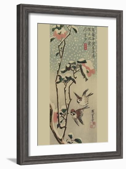 Sparrows and Camellias in Snow.-Ando Hiroshige-Framed Art Print