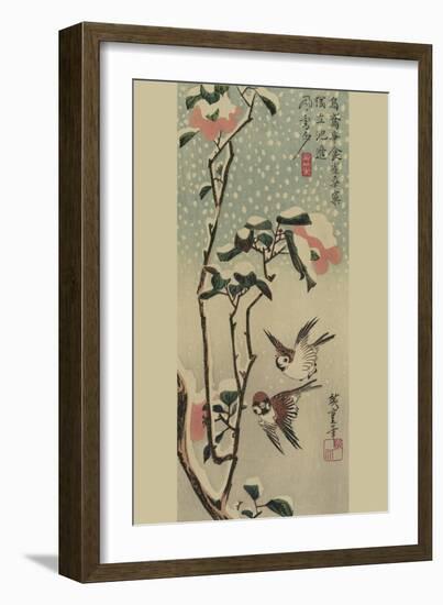 Sparrows and Camellias in Snow.-Ando Hiroshige-Framed Art Print