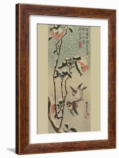 Sparrows and Camellias in Snow.-Ando Hiroshige-Framed Art Print