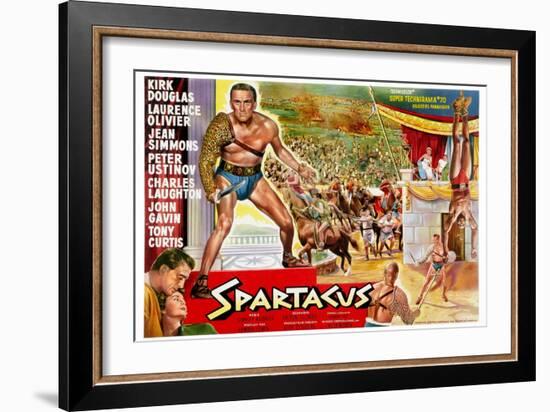 Spartacus, (Top Left): Kirk Douglas, (Belgium Poster Art), 1960-null-Framed Premium Giclee Print