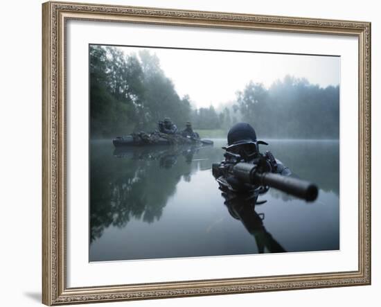 Special Operations Forces Combat Diver Transits the Water Armed with An Assault Rifle-Stocktrek Images-Framed Photographic Print