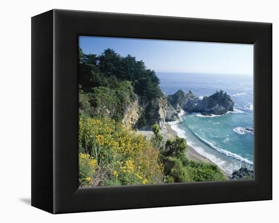 Spectacular Coastline with Waterfall, Julia Pfeiffer Burns State Park, Big Sur, USA-Ruth Tomlinson-Framed Premier Image Canvas