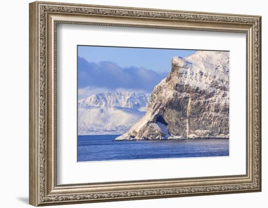 Spectacular snow covered mountains in winter, Troms islands, from the Norwegian Sea-Eleanor Scriven-Framed Photographic Print