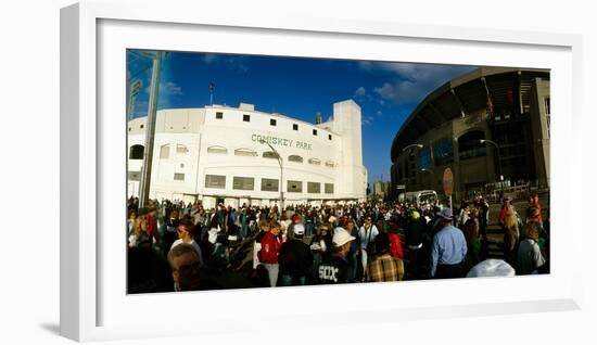 Spectators in front of a baseball stadium, the last day of old Comiskey Park and U.S. Cellular F...-null-Framed Photographic Print