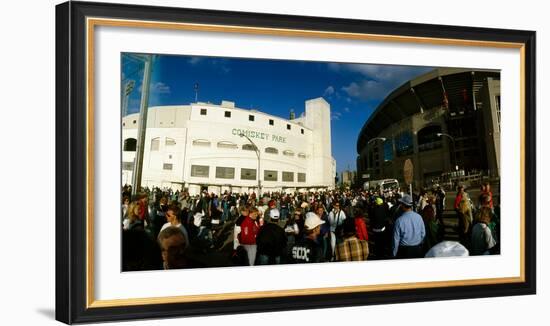 Spectators in front of a baseball stadium, the last day of old Comiskey Park and U.S. Cellular F...-null-Framed Photographic Print