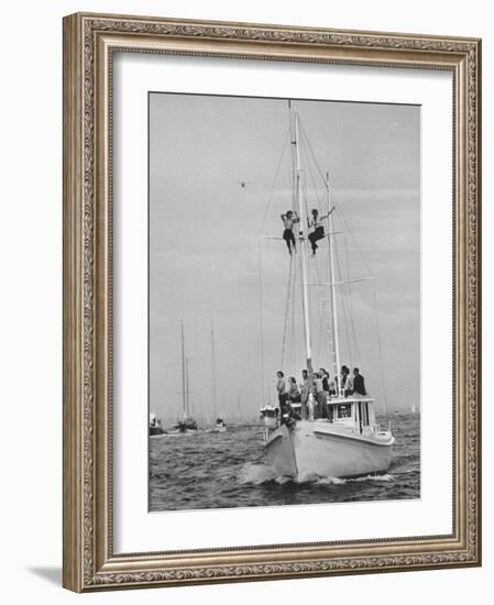 Spectators Watching the America's Cup on a Sailing Boat-Peter Stackpole-Framed Photographic Print