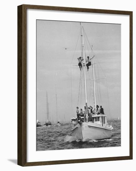 Spectators Watching the America's Cup on a Sailing Boat-Peter Stackpole-Framed Photographic Print