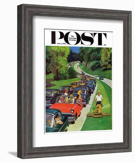 "Speeder on the Median," Saturday Evening Post Cover, June 2, 1962-Richard Sargent-Framed Giclee Print