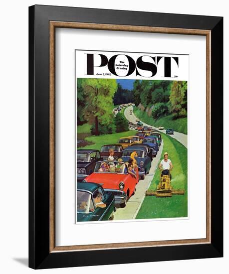 "Speeder on the Median," Saturday Evening Post Cover, June 2, 1962-Richard Sargent-Framed Giclee Print