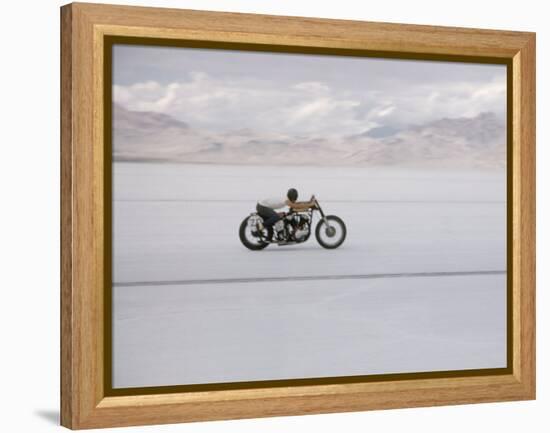 Speeding Motorcycle During Bonneville Hot Rod Meet at the Bonneville Salt Flats in Utah-J^ R^ Eyerman-Framed Premier Image Canvas