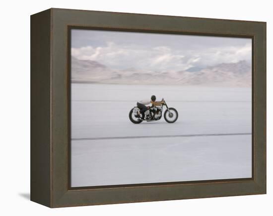 Speeding Motorcycle During Bonneville Hot Rod Meet at the Bonneville Salt Flats in Utah-J^ R^ Eyerman-Framed Premier Image Canvas