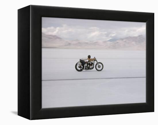 Speeding Motorcycle During Bonneville Hot Rod Meet at the Bonneville Salt Flats in Utah-J^ R^ Eyerman-Framed Premier Image Canvas