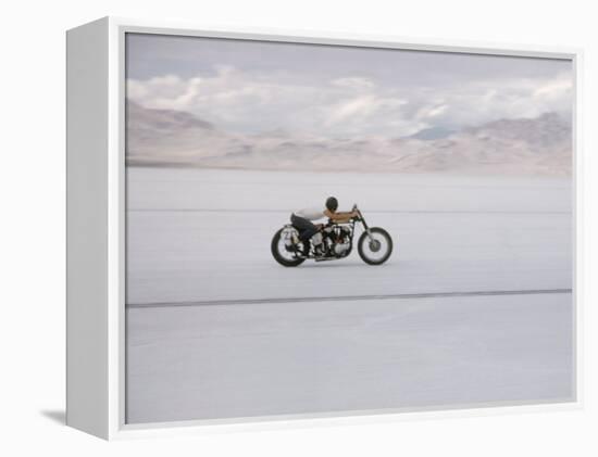 Speeding Motorcycle During Bonneville Hot Rod Meet at the Bonneville Salt Flats in Utah-J^ R^ Eyerman-Framed Premier Image Canvas