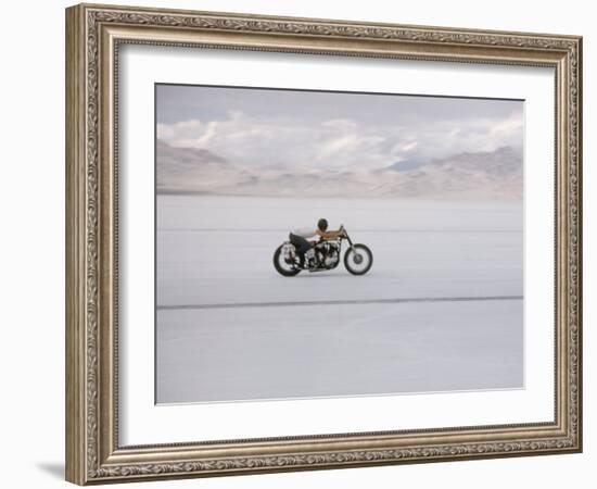 Speeding Motorcycle During Bonneville Hot Rod Meet at the Bonneville Salt Flats in Utah-J^ R^ Eyerman-Framed Photographic Print