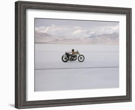 Speeding Motorcycle During Bonneville Hot Rod Meet at the Bonneville Salt Flats in Utah-J^ R^ Eyerman-Framed Photographic Print