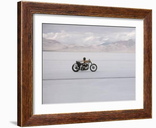 Speeding Motorcycle During Bonneville Hot Rod Meet at the Bonneville Salt Flats in Utah-J^ R^ Eyerman-Framed Photographic Print