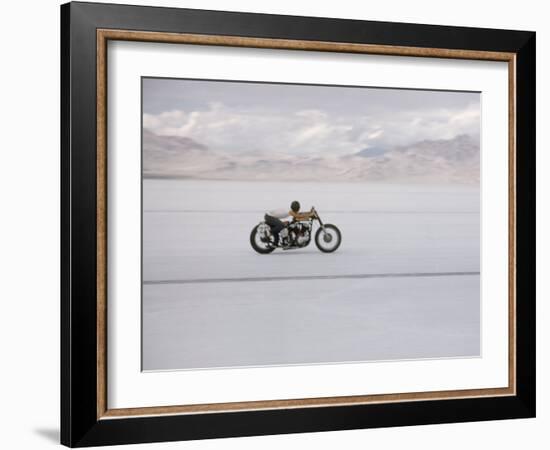 Speeding Motorcycle During Bonneville Hot Rod Meet at the Bonneville Salt Flats in Utah-J^ R^ Eyerman-Framed Photographic Print