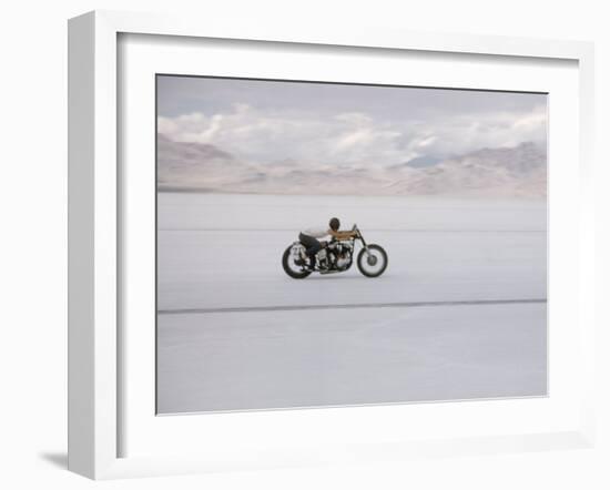 Speeding Motorcycle During Bonneville Hot Rod Meet at the Bonneville Salt Flats in Utah-J^ R^ Eyerman-Framed Photographic Print