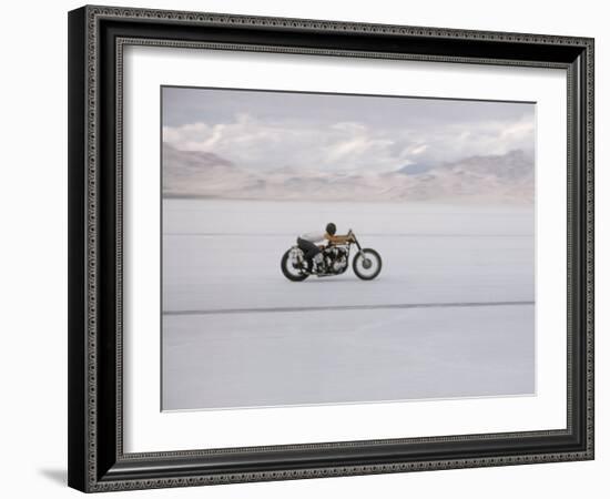 Speeding Motorcycle During Bonneville Hot Rod Meet at the Bonneville Salt Flats in Utah-J^ R^ Eyerman-Framed Photographic Print