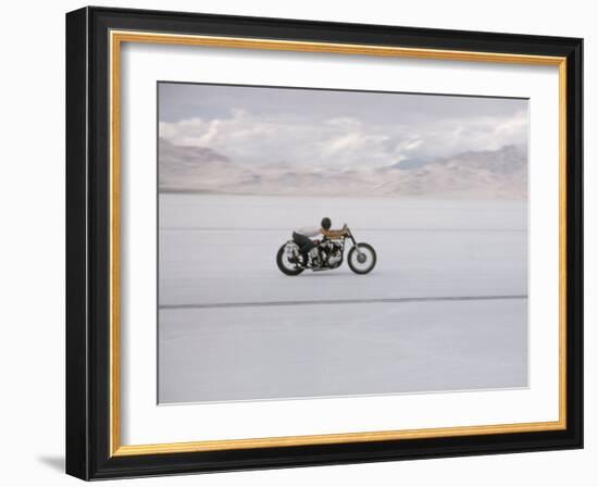 Speeding Motorcycle During Bonneville Hot Rod Meet at the Bonneville Salt Flats in Utah-J^ R^ Eyerman-Framed Photographic Print