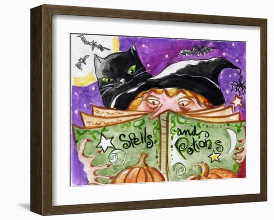 Spells and Potions Halloween Witch & Black Cat Bat-sylvia pimental-Framed Art Print