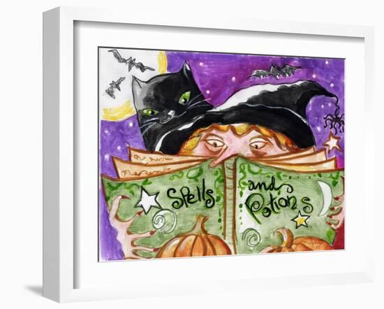 Spells and Potions Halloween Witch & Black Cat Bat-sylvia pimental-Framed Art Print